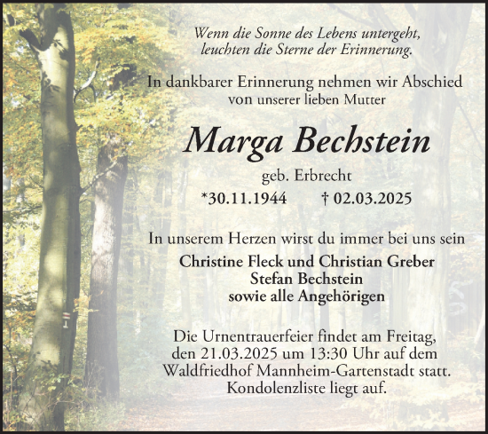 Traueranzeige von Marga Bechstein von Mannheimer Morgen