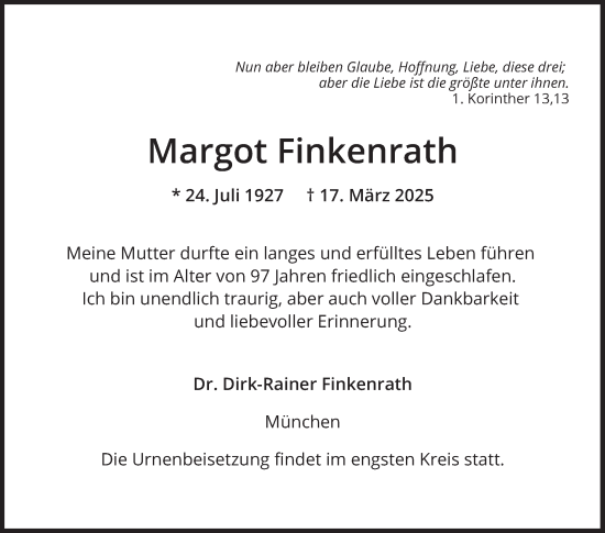 Traueranzeige von Margot Finkenrath von Bergsträßer Anzeiger