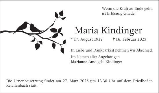 Traueranzeige von Maria Kindinger von Bergsträßer Anzeiger