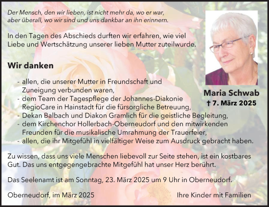 Traueranzeige von Maria Schwab von Fränkische Nachrichten