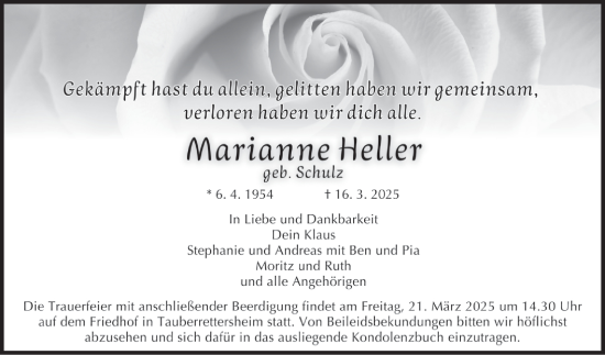 Traueranzeige von Marianne Heller von Fränkische Nachrichten