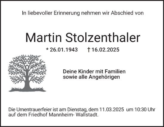 Traueranzeige von Martin Stolzenthaler von Mannheimer Morgen