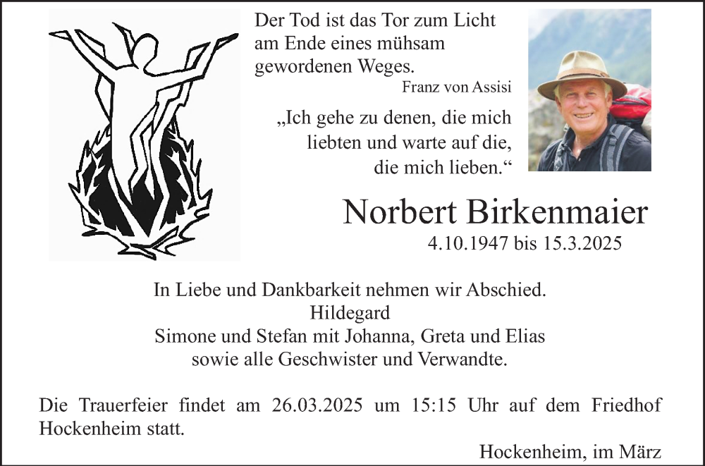  Traueranzeige für Norbert Birkenmaier vom 22.03.2025 aus Schwetzinger Zeitung