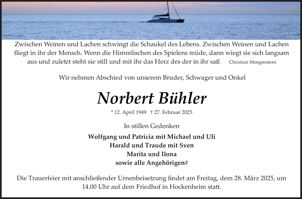  Traueranzeige für Norbert Bühler vom 22.03.2025 aus Schwetzinger Zeitung