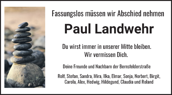 Traueranzeige von Paul Landwehr von Fränkische Nachrichten