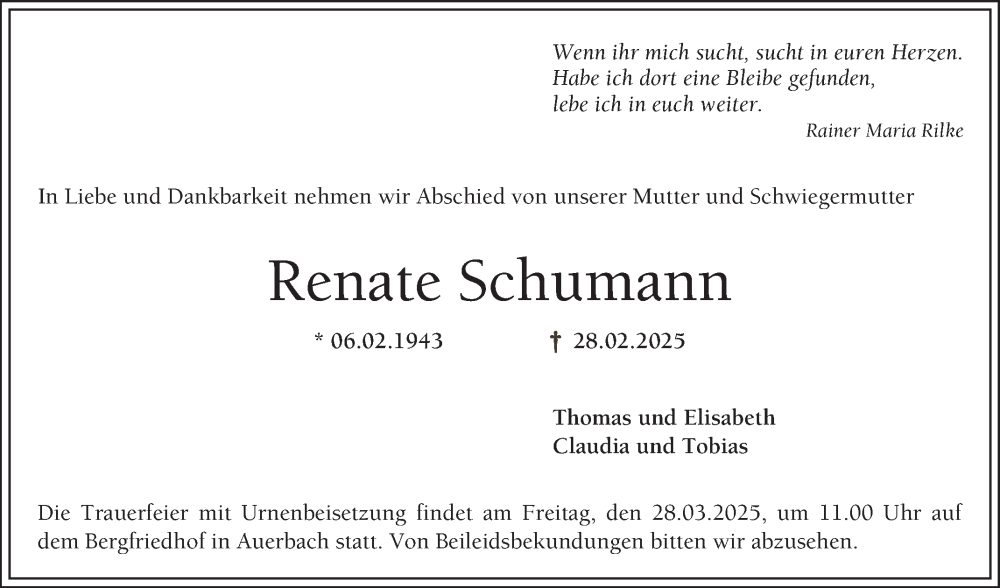  Traueranzeige für Renate Schumann vom 22.03.2025 aus Bergsträßer Anzeiger