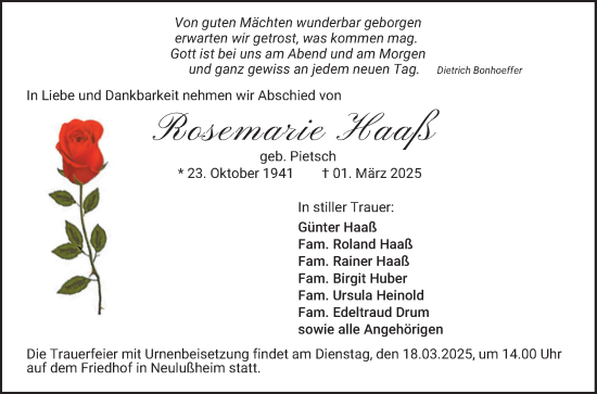 Traueranzeige von Rosemarie Haaß von Schwetzinger Zeitung