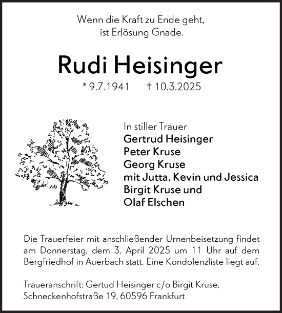 Traueranzeige von Rudi Heisinger von Bergsträßer Anzeiger