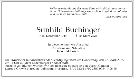 Traueranzeige von Sunhild Buchinger von Mannheimer Morgen