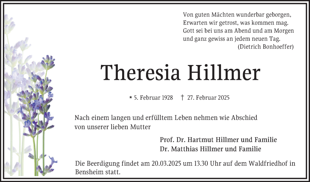  Traueranzeige für Theresia Hillmer vom 08.03.2025 aus Bergsträßer Anzeiger