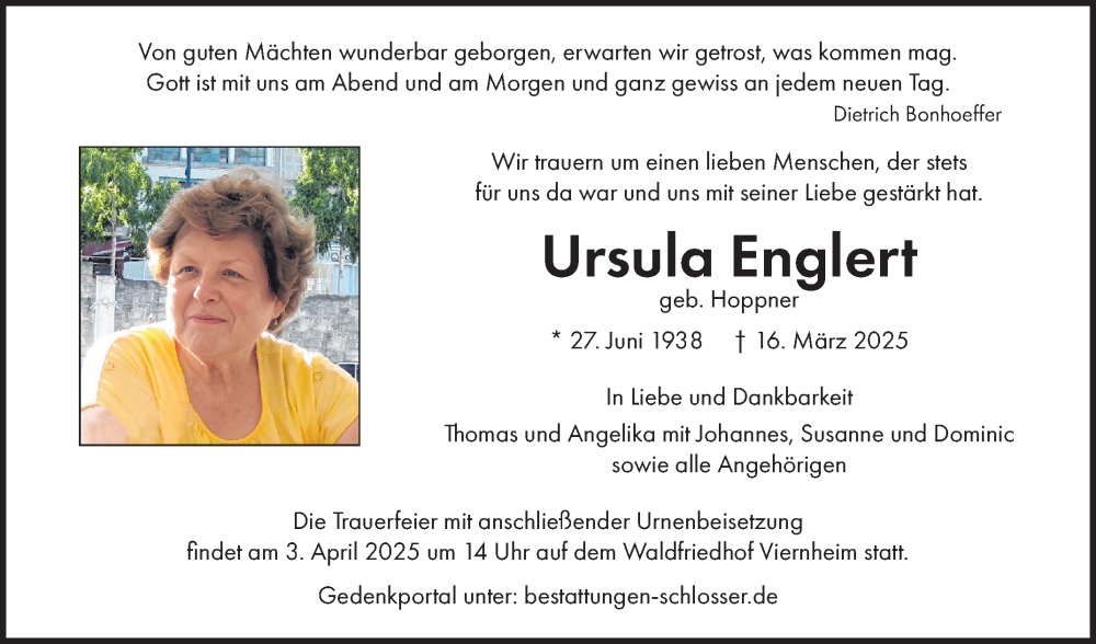  Traueranzeige für Ursula Englert vom 29.03.2025 aus Fränkische Nachrichten