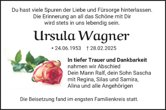 Traueranzeige von Ursula Wagner von Mannheimer Morgen