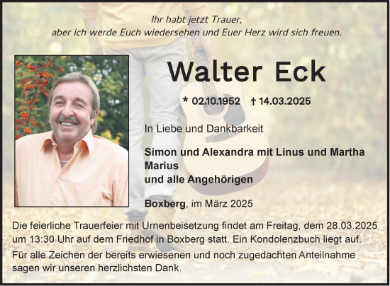 Traueranzeige von Walter Eck von Fränkische Nachrichten