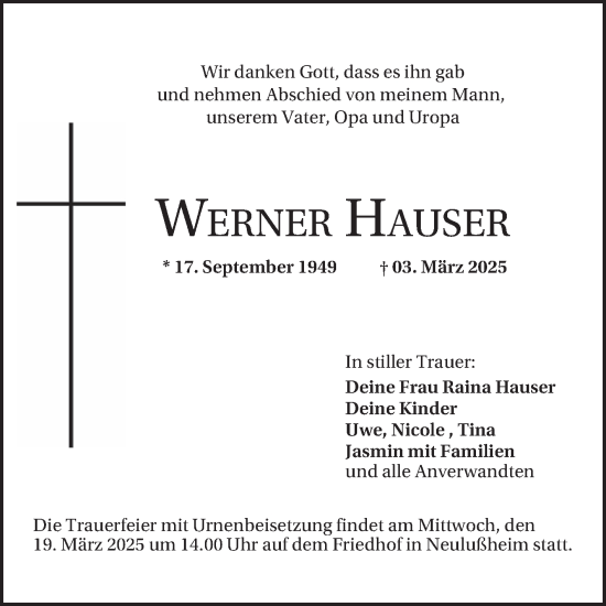Traueranzeige von Werner Hauser von Schwetzinger Zeitung