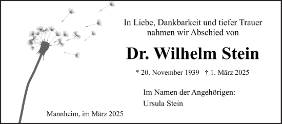 Traueranzeige von Wilhelm Stein von Mannheimer Morgen
