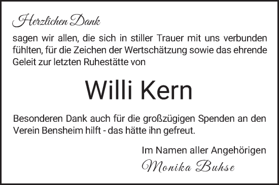 Traueranzeige von Willi Kern von Bergsträßer Anzeiger