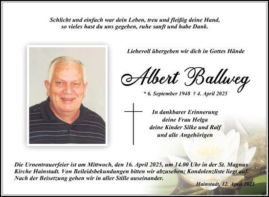 Traueranzeige von Albert Ballweg von Fränkische Nachrichten