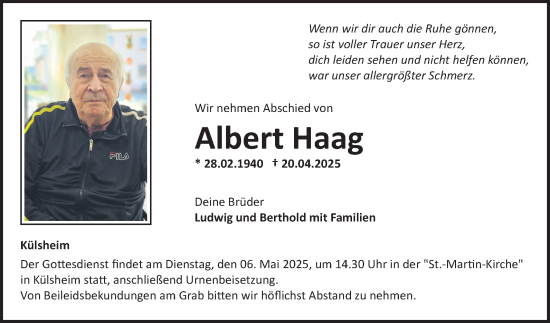 Traueranzeige von Albert Haag von Fränkische Nachrichten