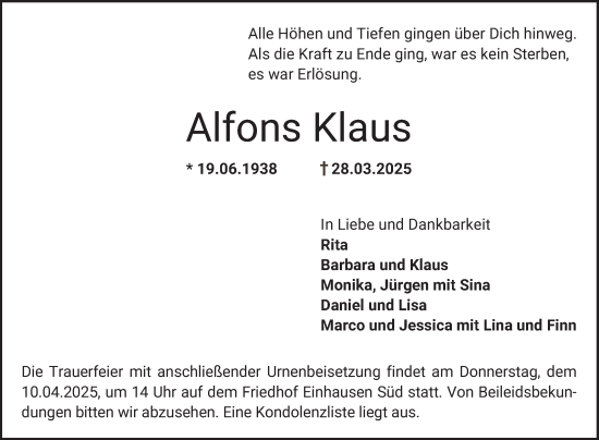 Traueranzeige von Alfons Klaus von Bergsträßer Anzeiger