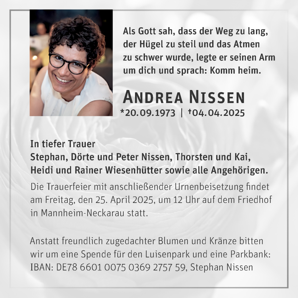  Traueranzeige für Andrea Nissen vom 12.04.2025 aus Mannheimer Morgen