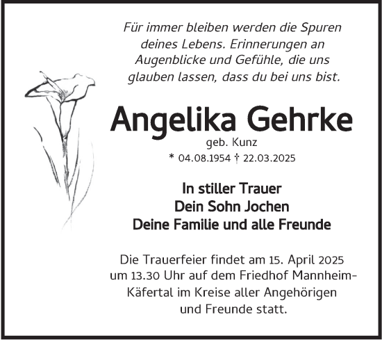 Traueranzeige von Angelika Gehrke von Mannheimer Morgen