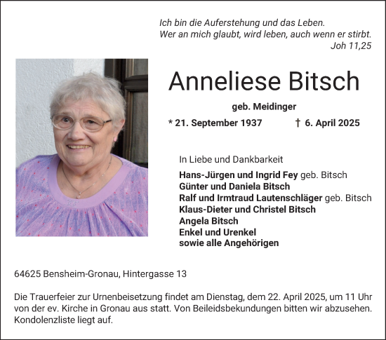 Traueranzeige von Anneliese Bitsch von Bergsträßer Anzeiger