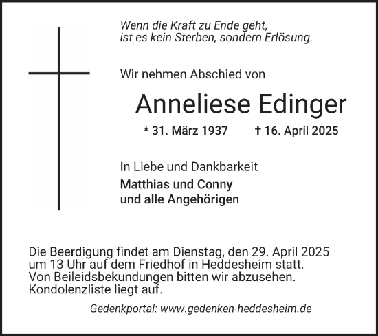 Traueranzeige von Anneliese Edinger von Mannheimer Morgen