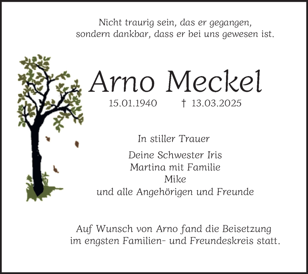  Traueranzeige für Arno Meckel vom 12.04.2025 aus Mannheimer Morgen