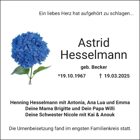 Traueranzeige von Astrid Hesselmann von Bergsträßer Anzeiger