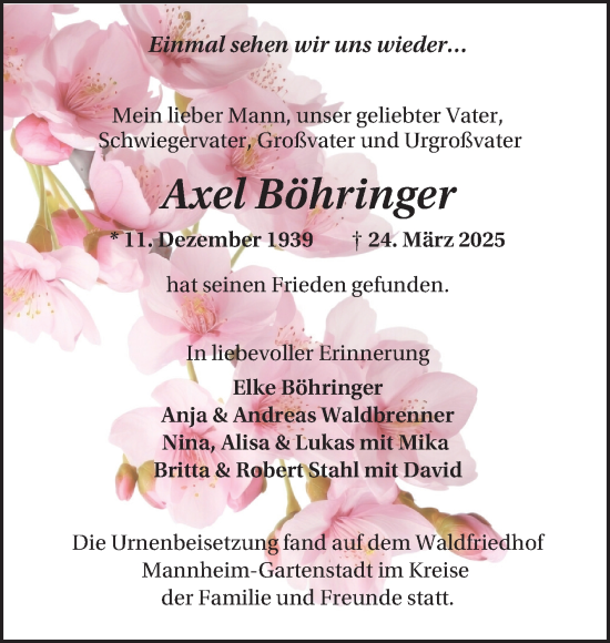 Traueranzeige von Axel Böhringer von Mannheimer Morgen