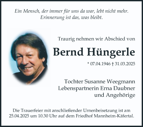 Traueranzeige von Bernd Hüngerle von Mannheimer Morgen