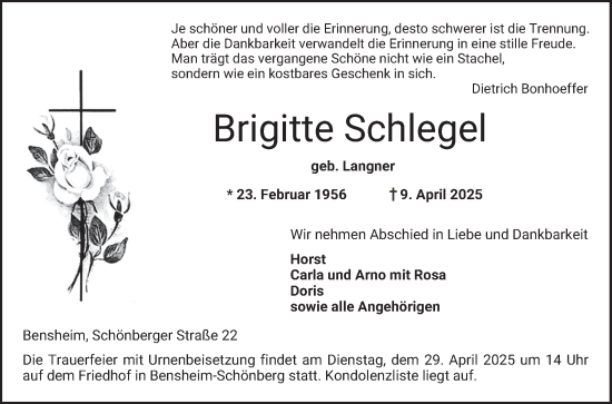 Traueranzeige von Brigitte Schlegel von Bergsträßer Anzeiger