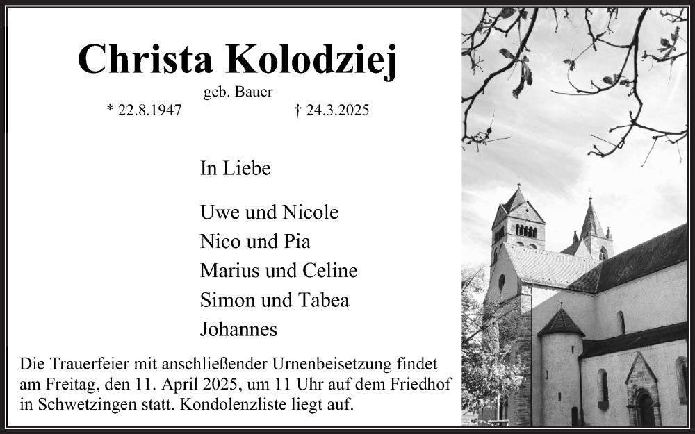  Traueranzeige für Christa Kolodziej vom 05.04.2025 aus Mannheimer Morgen