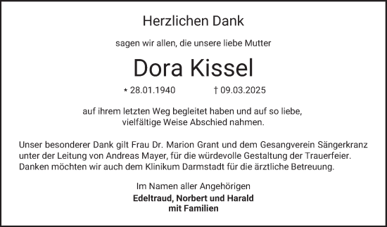 Traueranzeige von Dora Kissel von Bergsträßer Anzeiger