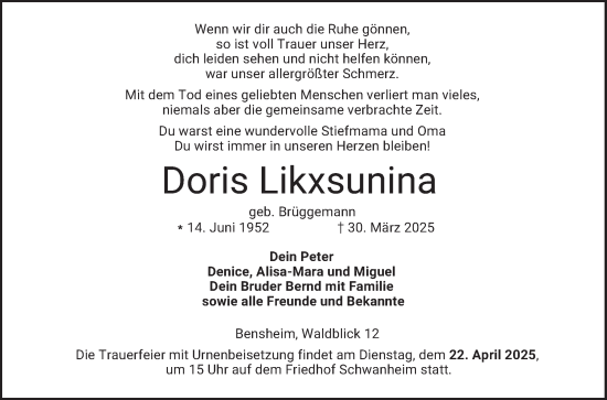 Traueranzeige von Doris Likxsunina von Bergsträßer Anzeiger