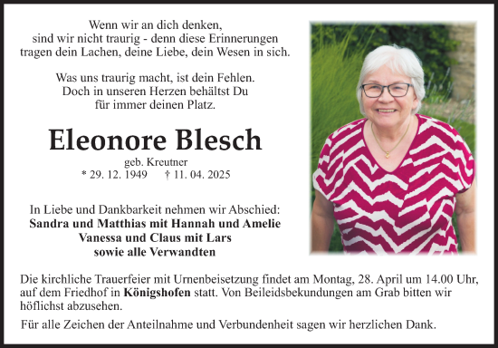 Traueranzeige von Eleonore Blesch von Fränkische Nachrichten