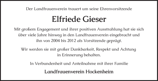 Traueranzeige von Elfriede Gieser von Schwetzinger Zeitung