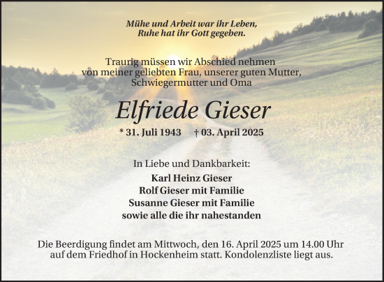 Traueranzeige von Elfriede Gieser von Schwetzinger Zeitung