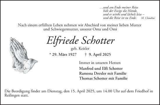 Traueranzeige von Elfriede Schotter von Schwetzinger Zeitung