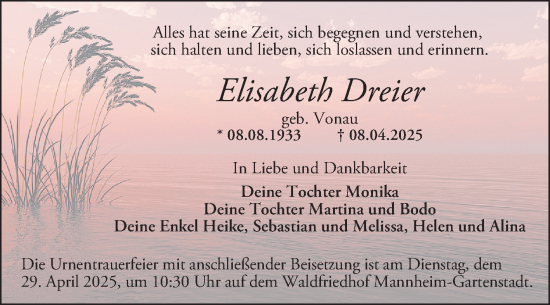 Traueranzeige von Elisabeth Dreier von Mannheimer Morgen