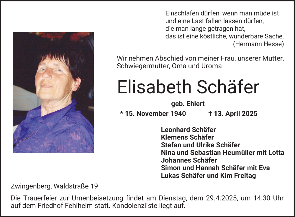  Traueranzeige für Elisabeth Schäfer vom 26.04.2025 aus Bergsträßer Anzeiger
