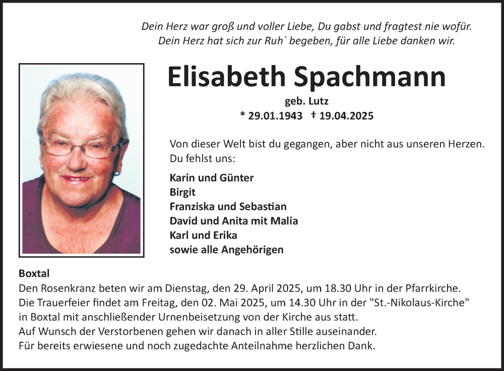  Traueranzeige für Elisabeth Spachmann vom 26.04.2025 aus Fränkische Nachrichten