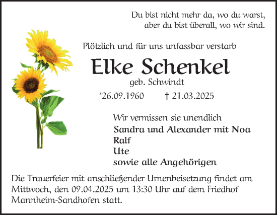Traueranzeige von Elke Schenkel von Mannheimer Morgen