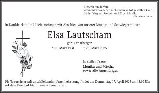 Traueranzeige von Elsa Lautscham von Mannheimer Morgen