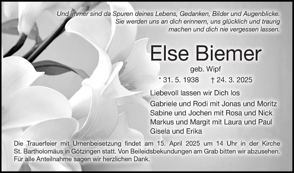 Traueranzeige für Else Biemer vom 12.04.2025 aus Fränkische Nachrichten