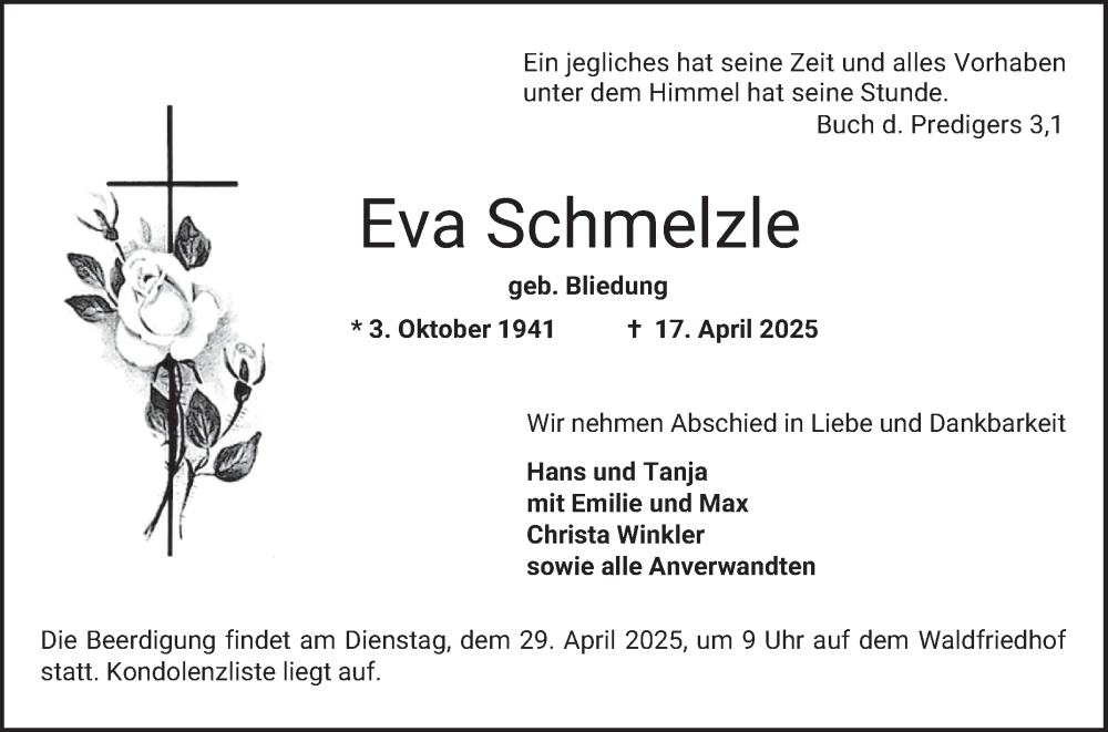  Traueranzeige für Eva Schmelzle vom 26.04.2025 aus Bergsträßer Anzeiger