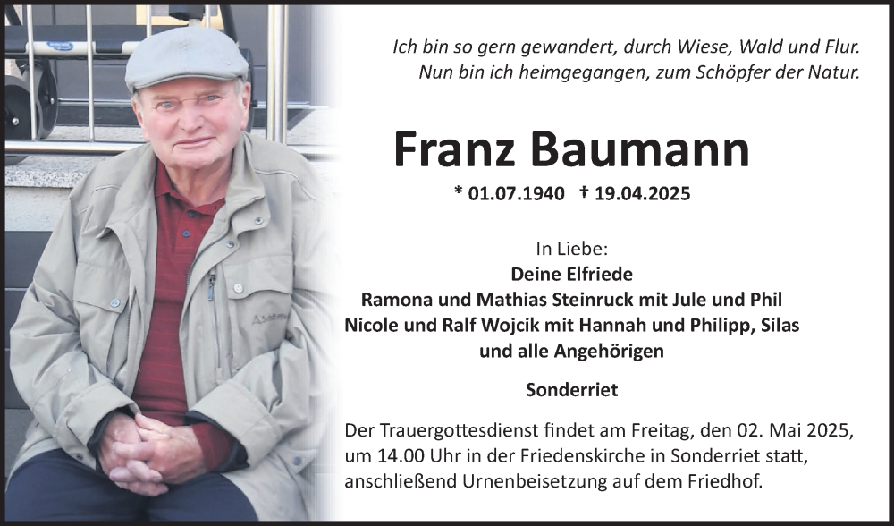 Traueranzeige für Franz Baumann vom 26.04.2025 aus Fränkische Nachrichten