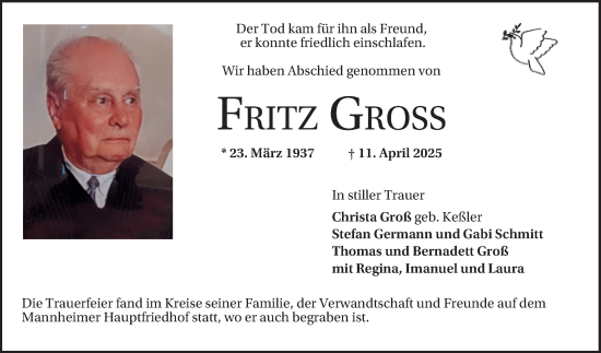 Traueranzeige von Fritz Gross von Mannheimer Morgen