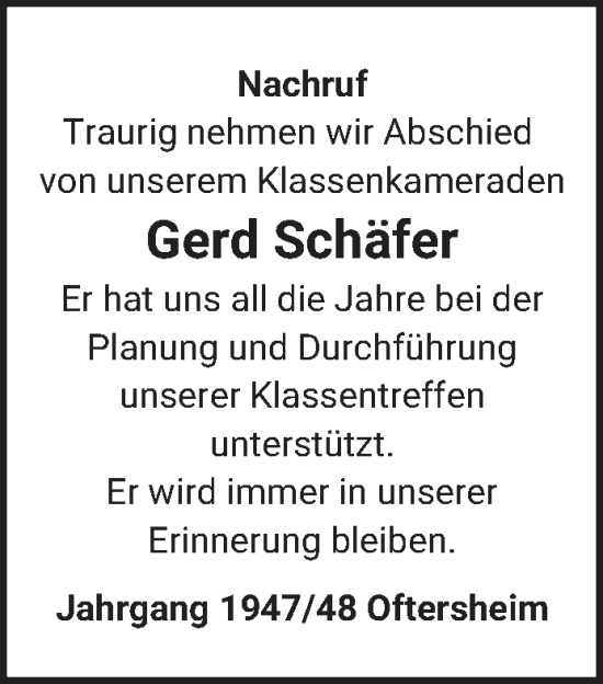 Traueranzeige von Gerd Schäfer von Schwetzinger Zeitung