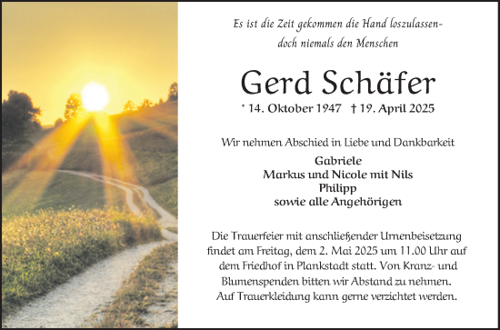 Traueranzeige von Gerd Schäfer von Schwetzinger Zeitung